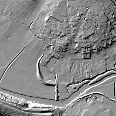 Shaded relief map of the ground around DT117GE, computed from Environment Agency LiDAR. The ground here sits at about 35 m above sea level and falls 33 m across the surrounding 800 m. Surface water reaching this point runs off ground lying to the west-north-west, 3.6 m higher.