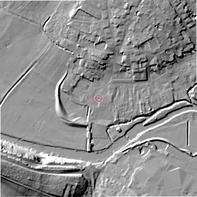 Shaded relief map of the ground around DT117GN, computed from Environment Agency LiDAR. The ground here sits at about 33 m above sea level and falls 32 m across the surrounding 800 m. Surface water reaching this point runs off ground lying to the north, 14.6 m higher.