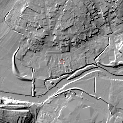 Shaded relief map of the ground around DT117HQ, computed from Environment Agency LiDAR. The ground here sits at about 33 m above sea level and falls 25 m across the surrounding 800 m. Surface water reaching this point runs off ground lying to the north, 15.2 m higher.
