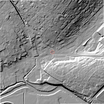 Shaded relief map of the ground around DT117PH, computed from Environment Agency LiDAR. The ground here sits at about 33 m above sea level and falls 34 m across the surrounding 800 m. Surface water reaching this point runs off ground lying to the north, 31.1 m higher.