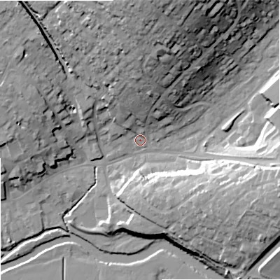 Shaded relief map of the ground around DT117PZ, computed from Environment Agency LiDAR. The ground here sits at about 34 m above sea level and falls 36 m across the surrounding 800 m. Surface water reaching this point runs off ground lying to the north, 32.9 m higher.