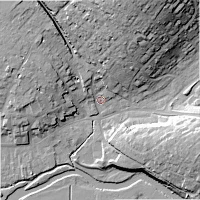 Shaded relief map of the ground around DT117QX, computed from Environment Agency LiDAR. The ground here sits at about 34 m above sea level and falls 36 m across the surrounding 800 m. Surface water reaching this point runs off ground lying to the north-north-east, 31.8 m higher.