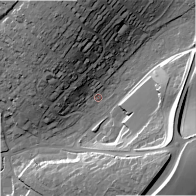 Shaded relief map of the ground around DT117SA, computed from Environment Agency LiDAR. The ground here sits at about 36 m above sea level and falls 41 m across the surrounding 800 m. Surface water reaching this point runs off ground lying to the north-north-west, 37.5 m higher.