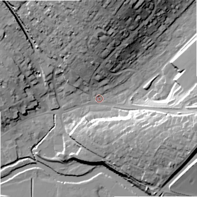 Shaded relief map of the ground around DT117SB, computed from Environment Agency LiDAR. The ground here sits at about 33 m above sea level and falls 35 m across the surrounding 800 m. Surface water reaching this point runs off ground lying to the north, 31.6 m higher.