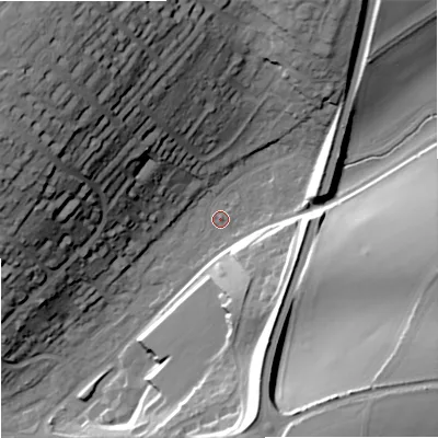 Shaded relief map of the ground around DT117SD, computed from Environment Agency LiDAR. The ground here sits at about 38 m above sea level and falls 43 m across the surrounding 800 m. Surface water reaching this point runs off ground lying to the north-west, 38.5 m higher.