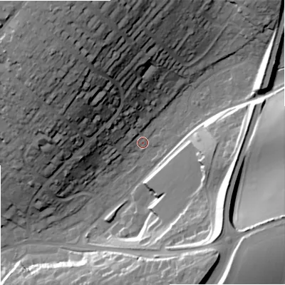 Shaded relief map of the ground around DT117SE, computed from Environment Agency LiDAR. The ground here sits at about 37 m above sea level and falls 42 m across the surrounding 800 m. Surface water reaching this point runs off ground lying to the north-west, 38.2 m higher.