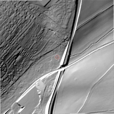 Shaded relief map of the ground around DT117SF, computed from Environment Agency LiDAR. The ground here sits at about 38 m above sea level and falls 40 m across the surrounding 800 m. Surface water reaching this point runs off ground lying to the north, 19.6 m higher.