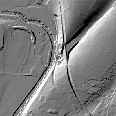 Shaded relief map of the ground around DT117SL, computed from Environment Agency LiDAR. The ground here sits at about 35 m above sea level and falls 46 m across the surrounding 800 m. Surface water reaching this point runs off ground lying to the north-north-east, 43.5 m higher.