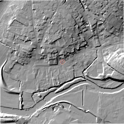 Shaded relief map of the ground around DT117UE, computed from Environment Agency LiDAR. The ground here sits at about 34 m above sea level and falls 25 m across the surrounding 800 m. Surface water reaching this point runs off ground lying to the north-north-west, 13.4 m higher.