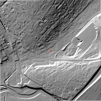Shaded relief map of the ground around DT117UY, computed from Environment Agency LiDAR. The ground here sits at about 34 m above sea level and falls 37 m across the surrounding 800 m. Surface water reaching this point runs off ground lying to the north-north-west, 33.9 m higher.
