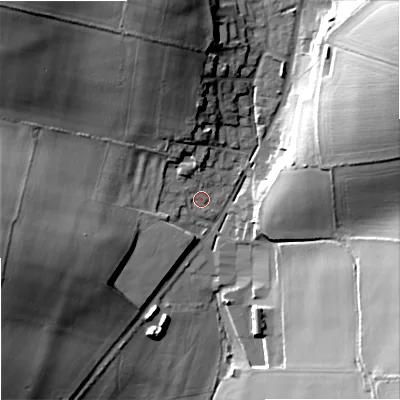 Shaded relief map of the ground around DT118BS, computed from Environment Agency LiDAR. The ground here sits at about 52 m above sea level and falls 30 m across the surrounding 800 m. Surface water reaching this point runs off ground lying to the north-north-west, 4.5 m higher.