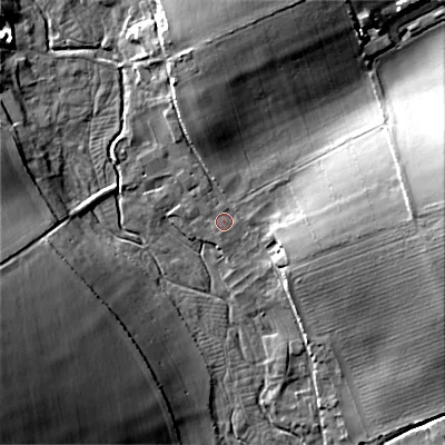 Shaded relief map of the ground around DT118BY, computed from Environment Agency LiDAR. The ground here sits at about 57 m above sea level and falls 23 m across the surrounding 800 m. Surface water reaching this point runs off ground lying to the east-north-east, 20.2 m higher.
