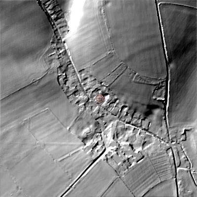 Shaded relief map of the ground around DT118DE, computed from Environment Agency LiDAR. The ground here sits at about 81 m above sea level and falls 32 m across the surrounding 800 m. Surface water reaching this point runs off ground lying to the north, 25.2 m higher.