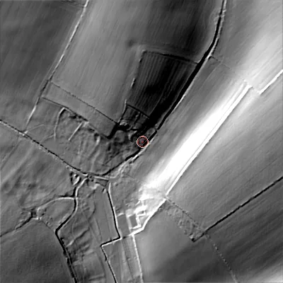 Shaded relief map of the ground around DT118DL, computed from Environment Agency LiDAR. The ground here sits at about 69 m above sea level and falls 21 m across the surrounding 800 m. Surface water reaching this point runs off ground lying to the north, 19.0 m higher.