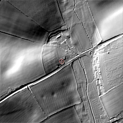 Shaded relief map of the ground around DT118DN, computed from Environment Agency LiDAR. The ground here sits at about 66 m above sea level and falls 29 m across the surrounding 800 m. Surface water reaching this point runs off ground lying to the west-south-west, 8.3 m higher.