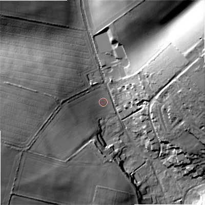 Shaded relief map of the ground around DT118FN, computed from Environment Agency LiDAR. The ground here sits at about 59 m above sea level and falls 34 m across the surrounding 800 m. Surface water reaching this point runs off ground lying to the west, 7.9 m higher.