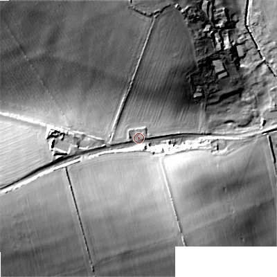 Shaded relief map of the ground around DT118HX, computed from Environment Agency LiDAR. The ground here sits at about 69 m above sea level and falls 27 m across the surrounding 800 m. Surface water reaching this point runs off ground lying to the west-south-west, 20.5 m higher.