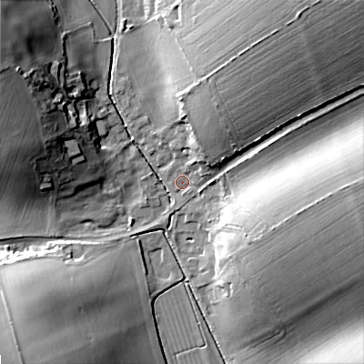 Shaded relief map of the ground around DT118HY, computed from Environment Agency LiDAR. The ground here sits at about 64 m above sea level and falls 29 m across the surrounding 800 m. Surface water reaching this point runs off ground lying to the north-east, 26.5 m higher.