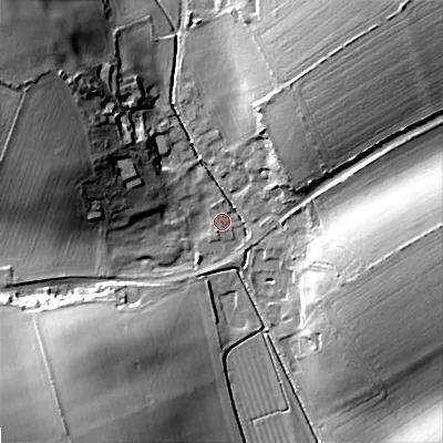 Shaded relief map of the ground around DT118HZ, computed from Environment Agency LiDAR. The ground here sits at about 64 m above sea level and falls 29 m across the surrounding 800 m. Surface water reaching this point runs off ground lying to the north-west, 23.7 m higher.