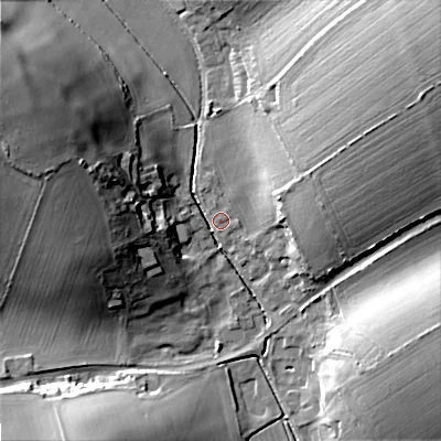 Shaded relief map of the ground around DT118JA, computed from Environment Agency LiDAR. The ground here sits at about 65 m above sea level and falls 29 m across the surrounding 800 m. Surface water reaching this point runs off ground lying to the west-north-west, 27.7 m higher.