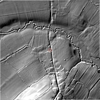 Shaded relief map of the ground around DT118RA, computed from Environment Agency LiDAR. The ground here sits at about 56 m above sea level and falls 24 m across the surrounding 800 m. Surface water reaching this point runs off ground lying to the south-south-east, 10.5 m higher.