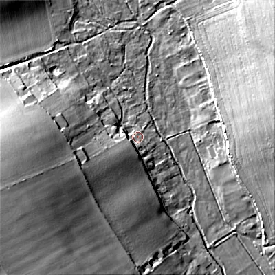 Shaded relief map of the ground around DT118RX, computed from Environment Agency LiDAR. The ground here sits at about 55 m above sea level and falls 33 m across the surrounding 800 m. Surface water reaching this point runs off ground lying to the south-west, 10.6 m higher.