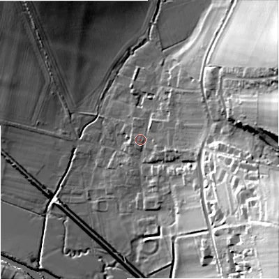 Shaded relief map of the ground around DT118TQ, computed from Environment Agency LiDAR. The ground here sits at about 40 m above sea level and falls 49 m across the surrounding 800 m. Surface water reaching this point runs off ground lying to the east-south-east, 39.6 m higher.