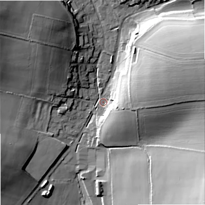Shaded relief map of the ground around DT118TX, computed from Environment Agency LiDAR. The ground here sits at about 52 m above sea level and falls 37 m across the surrounding 800 m. Surface water reaching this point runs off ground lying to the east-north-east, 31.6 m higher.