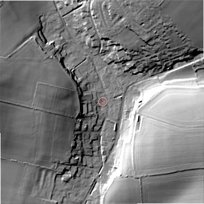 Shaded relief map of the ground around DT118UB, computed from Environment Agency LiDAR. The ground here sits at about 54 m above sea level and falls 33 m across the surrounding 800 m. Surface water reaching this point runs off ground lying to the north-north-east, 27.5 m higher.