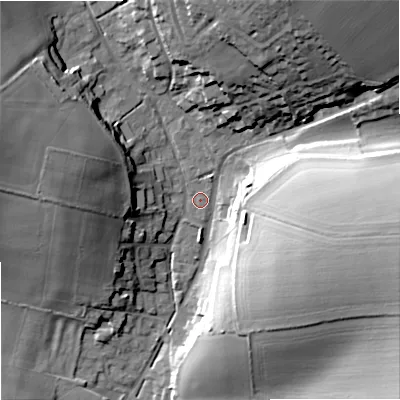 Shaded relief map of the ground around DT118XG, computed from Environment Agency LiDAR. The ground here sits at about 54 m above sea level and falls 34 m across the surrounding 800 m. Surface water reaching this point runs off ground lying to the north-north-east, 25.8 m higher.