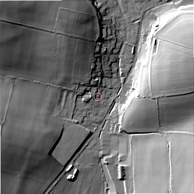 Shaded relief map of the ground around DT118XH, computed from Environment Agency LiDAR. The ground here sits at about 53 m above sea level and falls 30 m across the surrounding 800 m. Surface water reaching this point runs off ground lying to the north-north-west, 12.8 m higher.