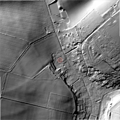 Shaded relief map of the ground around DT118XL, computed from Environment Agency LiDAR. The ground here sits at about 58 m above sea level and falls 37 m across the surrounding 800 m. Surface water reaching this point runs off ground lying to the west-north-west, 1.6 m higher.