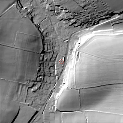 Shaded relief map of the ground around DT118XQ, computed from Environment Agency LiDAR. The ground here sits at about 53 m above sea level and falls 33 m across the surrounding 800 m. Surface water reaching this point runs off ground lying to the east, 30.7 m higher.