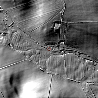Shaded relief map of the ground around DT119AT, computed from Environment Agency LiDAR. The ground here sits at about 58 m above sea level and falls 29 m across the surrounding 800 m. Surface water reaching this point runs off ground lying to the south-west, 27.7 m higher.