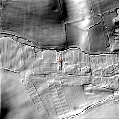 Shaded relief map of the ground around DT119AU, computed from Environment Agency LiDAR. The ground here sits at about 56 m above sea level and falls 20 m across the surrounding 800 m. Surface water reaching this point runs off ground lying to the north-north-west, 18.2 m higher.