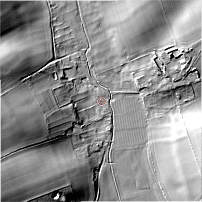 Shaded relief map of the ground around DT119AW, computed from Environment Agency LiDAR. The ground here sits at about 66 m above sea level and falls 29 m across the surrounding 800 m. Surface water reaching this point runs off ground lying to the west-south-west, 25.1 m higher.