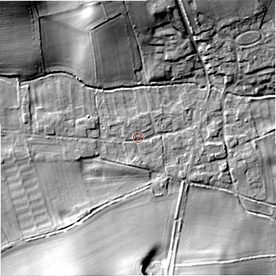 Shaded relief map of the ground around DT119AX, computed from Environment Agency LiDAR. The ground here sits at about 54 m above sea level and falls 16 m across the surrounding 800 m. Surface water reaching this point runs off ground lying to the north-west, 13.5 m higher.