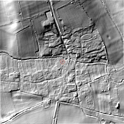 Shaded relief map of the ground around DT119AY, computed from Environment Agency LiDAR. The ground here sits at about 53 m above sea level and falls 21 m across the surrounding 800 m. Surface water reaching this point runs off ground lying to the north-west, 19.1 m higher.