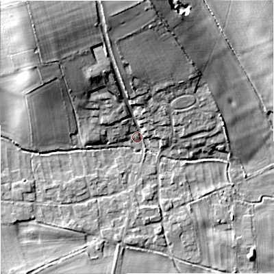Shaded relief map of the ground around DT119AZ, computed from Environment Agency LiDAR. The ground here sits at about 54 m above sea level and falls 22 m across the surrounding 800 m. Surface water reaching this point runs off ground lying to the north-north-west, 18.8 m higher.