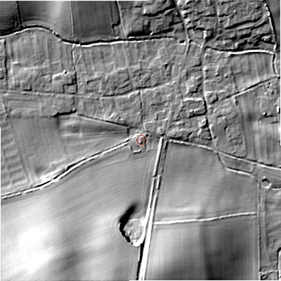 Shaded relief map of the ground around DT119BB, computed from Environment Agency LiDAR. The ground here sits at about 54 m above sea level and falls 22 m across the surrounding 800 m. Surface water reaching this point runs off ground lying to the south-south-west, 19.5 m higher.