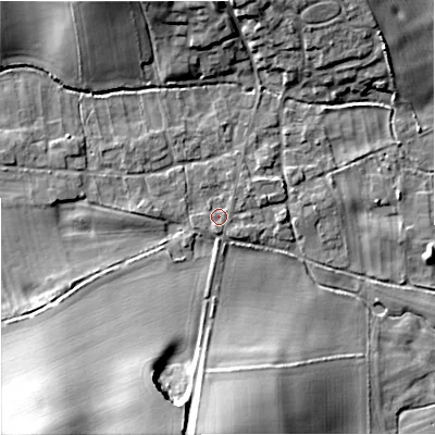 Shaded relief map of the ground around DT119BD, computed from Environment Agency LiDAR. The ground here sits at about 53 m above sea level and falls 20 m across the surrounding 800 m. Surface water reaching this point runs off ground lying to the south-south-west, 0.9 m higher.