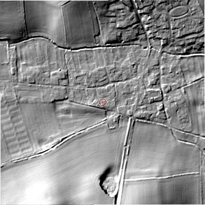 Shaded relief map of the ground around DT119BF, computed from Environment Agency LiDAR. The ground here sits at about 54 m above sea level and falls 19 m across the surrounding 800 m. Surface water reaching this point runs off ground lying to the west-south-west, 1.4 m higher.