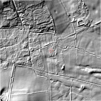 Shaded relief map of the ground around DT119BQ, computed from Environment Agency LiDAR. The ground here sits at about 52 m above sea level and falls 16 m across the surrounding 800 m. Surface water reaching this point runs off ground lying to the west, 1.3 m higher.