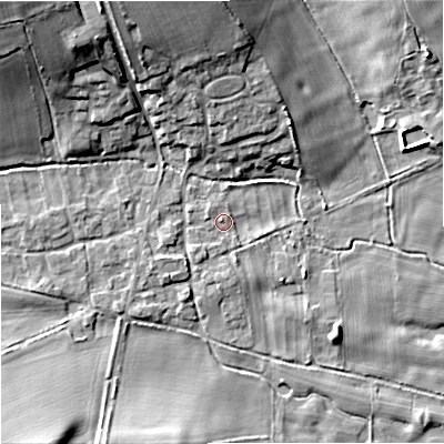Shaded relief map of the ground around DT119BS, computed from Environment Agency LiDAR. The ground here sits at about 53 m above sea level and falls 18 m across the surrounding 800 m. Surface water reaching this point runs off ground lying to the north-west, 16.6 m higher.