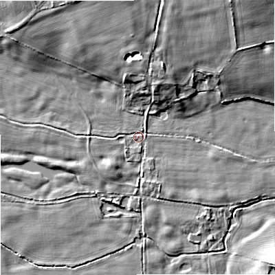 Shaded relief map of the ground around DT119BU, computed from Environment Agency LiDAR. The ground here sits at about 49 m above sea level and falls 10 m across the surrounding 800 m. Surface water reaching this point runs off ground lying to the north-north-west, 8.4 m higher.