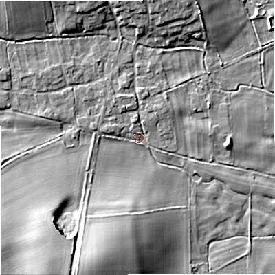 Shaded relief map of the ground around DT119BW, computed from Environment Agency LiDAR. The ground here sits at about 52 m above sea level and falls 22 m across the surrounding 800 m. Surface water reaching this point runs off ground lying to the north, 2.4 m higher.