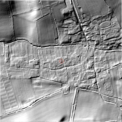 Shaded relief map of the ground around DT119BY, computed from Environment Agency LiDAR. The ground here sits at about 54 m above sea level and falls 18 m across the surrounding 800 m. Surface water reaching this point runs off ground lying to the west, 0.8 m higher.