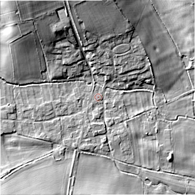 Shaded relief map of the ground around DT119BZ, computed from Environment Agency LiDAR. The ground here sits at about 53 m above sea level and falls 20 m across the surrounding 800 m. Surface water reaching this point runs off ground lying to the north-west, 18.2 m higher.