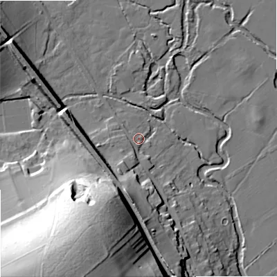 Shaded relief map of the ground around DT119DF, computed from Environment Agency LiDAR. The ground here sits at about 29 m above sea level and falls 47 m across the surrounding 800 m. Surface water reaching this point runs off ground lying to the south-south-west, 12.6 m higher.