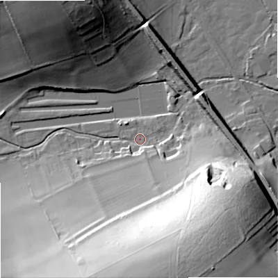 Shaded relief map of the ground around DT119DG, computed from Environment Agency LiDAR. The ground here sits at about 31 m above sea level and falls 47 m across the surrounding 800 m. Surface water reaching this point runs off ground lying to the south-south-east, 8.1 m higher.